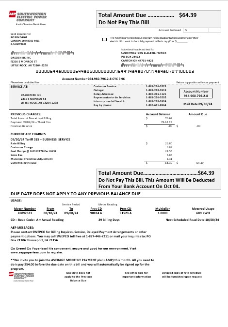 USA Louisiana AEP (Southwestern Electric Power Company) electricity business utility bill template in Word and PDF formats